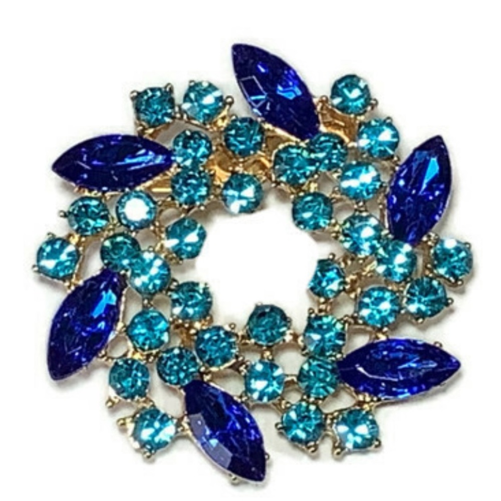 Two Toned Blue Rhinestone Wreath shaped Brooch